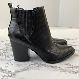 Black Croc Print Slip On Ankle Booties